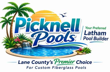Picknell Pools logo with palm tree and blue water ripples