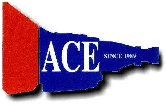 Logo for ACE, blue transmission outline with