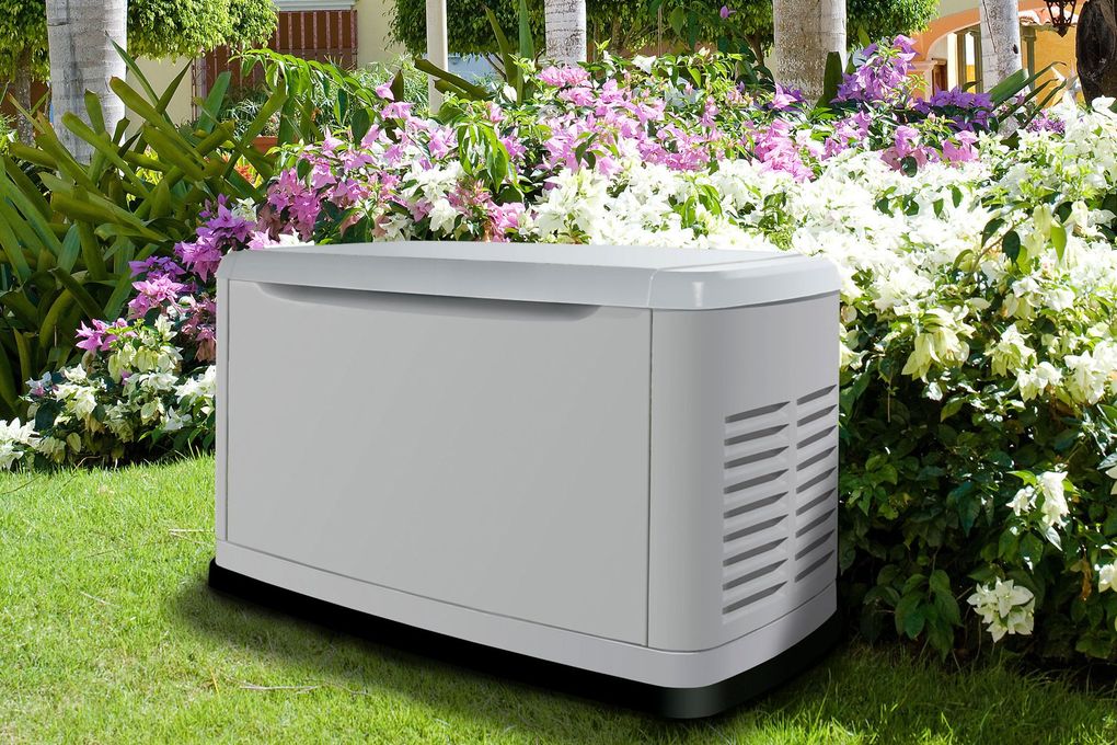 A generator in a garden setting with flowers and greenery.