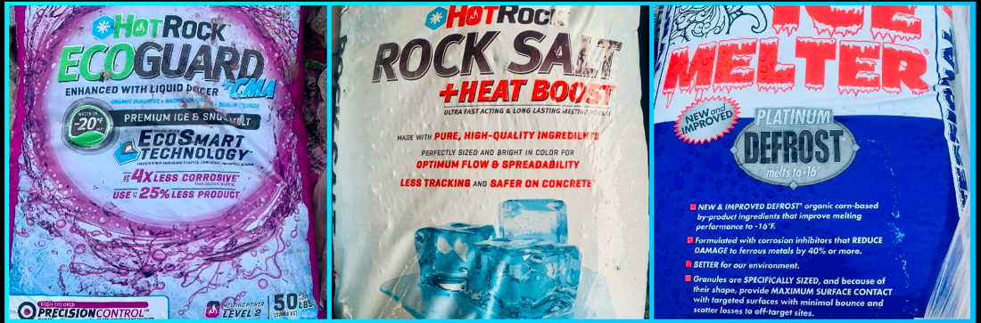 Three bags of Hot Rock brand ice melter: Eco Guard (purple), Rock Salt + Heat Boost (tan), and Ice Melter (blue).