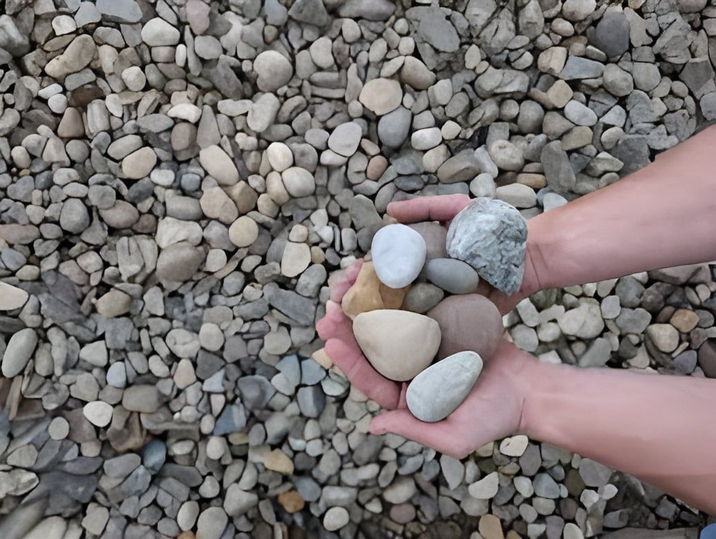 A pair of hands holds a collection of smooth, multi-colored river stones over a ground covered in similar gravel.