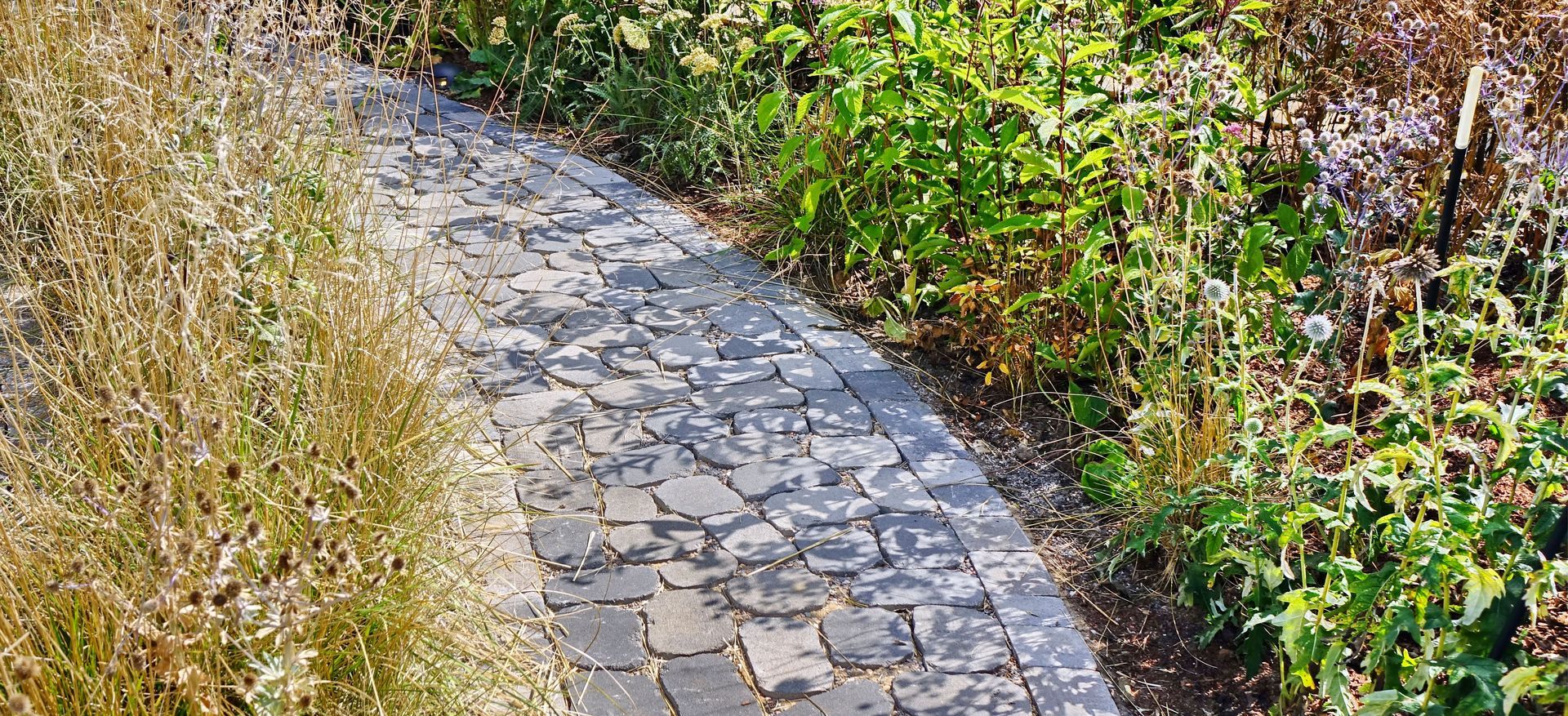 A stone-paved curved path leads through a garden with dry grasses on the left and green plants on the right.