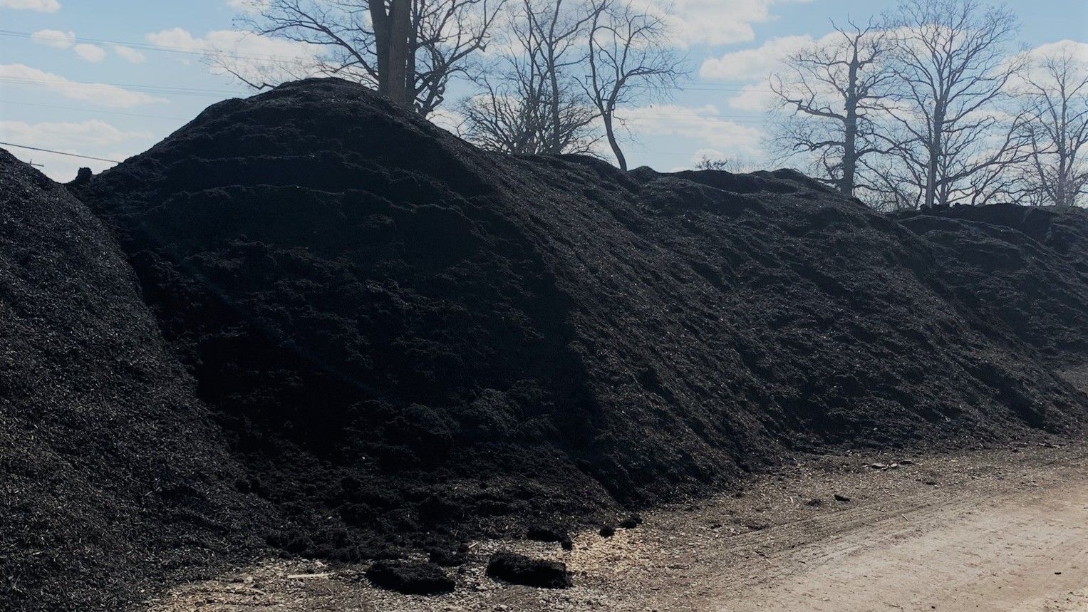 A large, elongated mound of dark, coarse mulch sitting alongside a gravel path under a bright, partly cloudy sky.