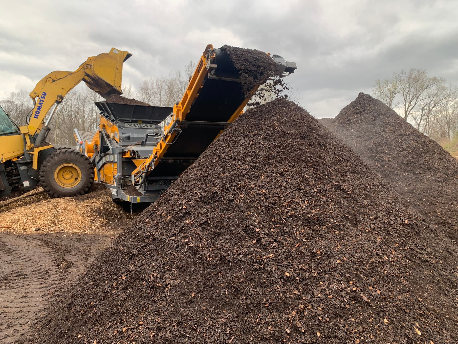 A yellow front-loader feeds mulch into a mechanical conveyor, piling it into large mounds outdoors under a cloudy sky.