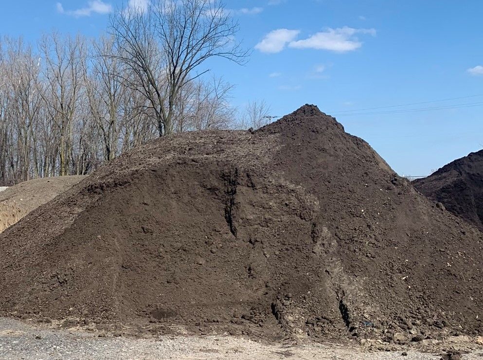 A large, triangular pile of dark brown soil sits outdoors against a clear blue sky and bare trees.