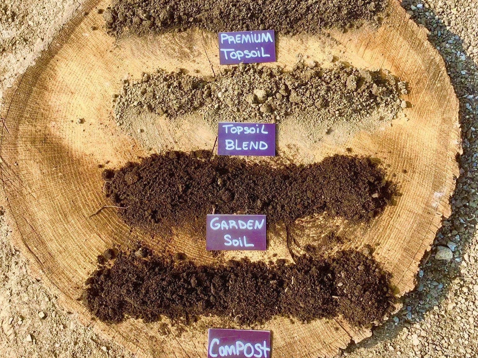 Four piles of different soil types arranged on a tree stump, each labeled with a small purple sign.