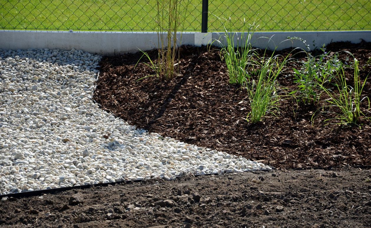 A yellow industrial conveyor belt machine dumps dark, processed soil onto a large pile in a sunny outdoor yard.