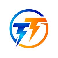 A circular logo featuring two stylized, lightning-bolt-shaped letters "T" in blue and orange, inside a circular border.