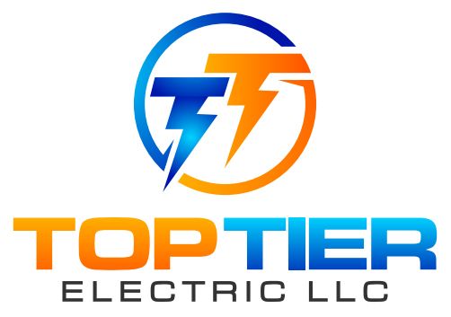 Logo for Top Tier Electric LLC featuring a circular emblem with two blue and orange lightning bolts, text below.