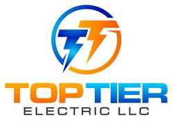 Logo for Top Tier Electric LLC featuring a circular emblem with two blue and orange lightning bolts, text below.