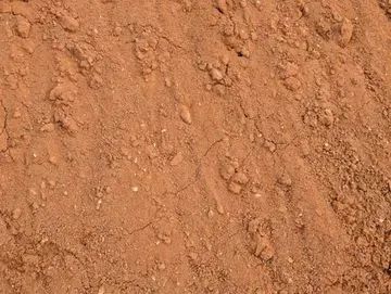 A close-up view of textured, dry reddish-brown soil with small clumps and fine cracks across the surface.