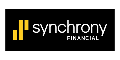 Synchrony Financial logo with yellow bar graph and white text on a black background.