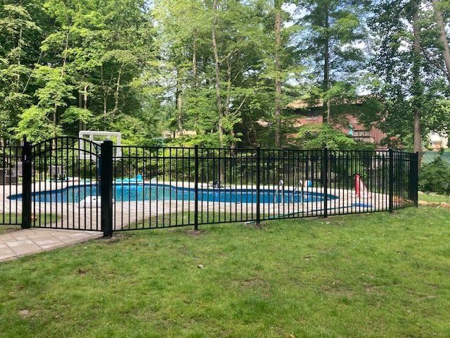 Black metal fence surrounds a blue pool on a grassy lawn; trees in background.