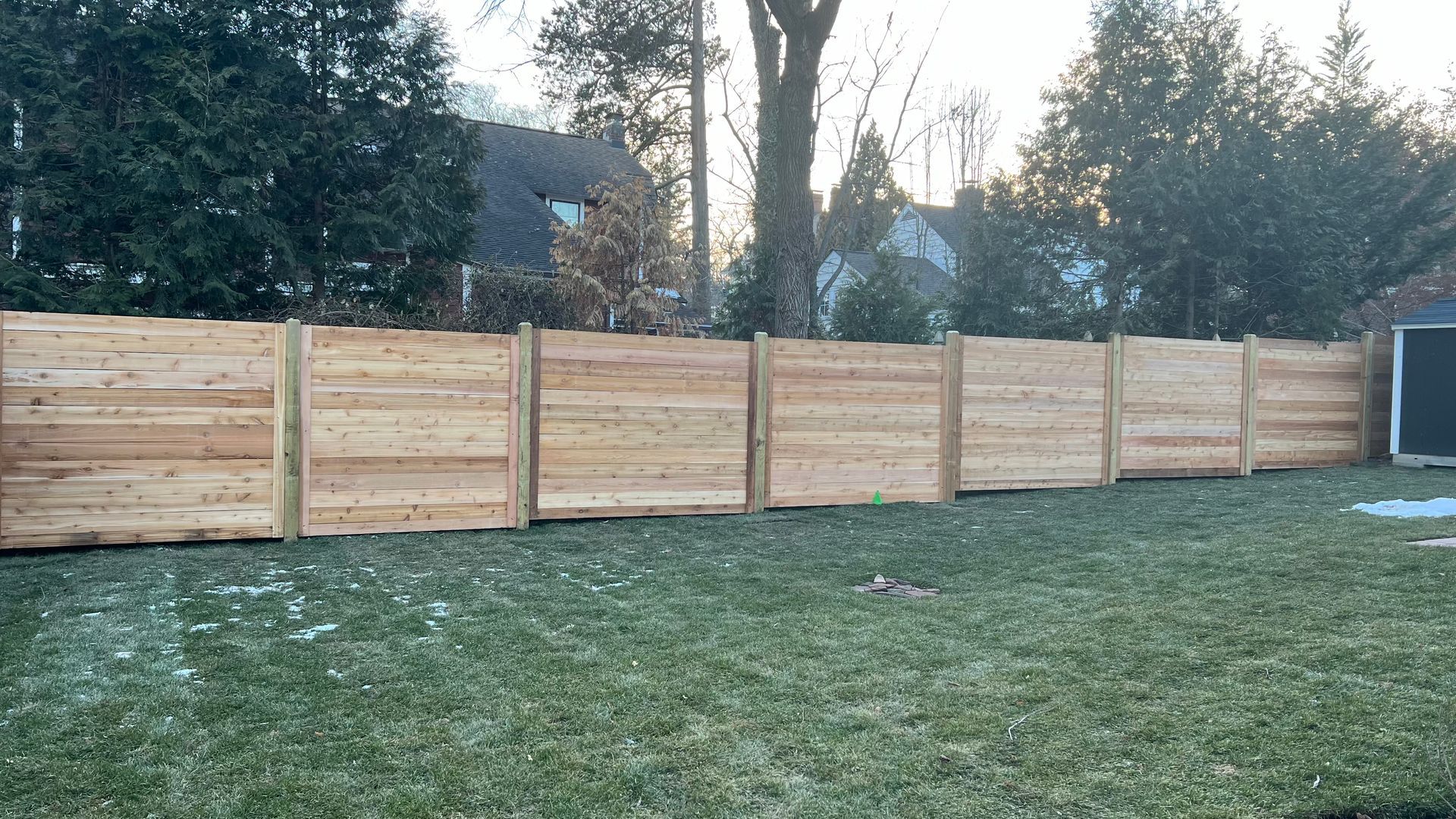 A wooden fence encloses a grassy backyard, trees in the background, a house visible.