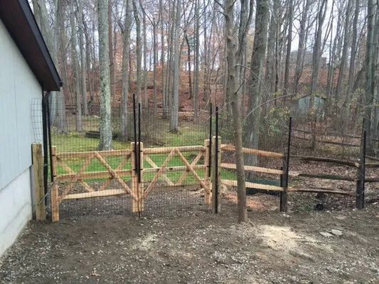 Wooden gate in a yard, framed by a wire fence and trees; a house is to the left.