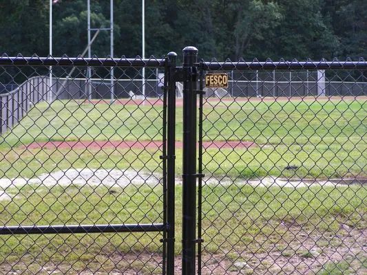 Black chain-link fence with a gate, overlooking a baseball field. The field has grass, dirt, and white lines.