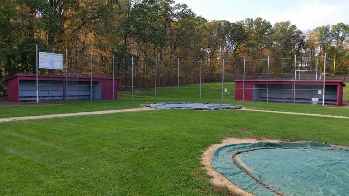 Baseball field with two dugouts and a small pool on a grassy field surrounded by trees.