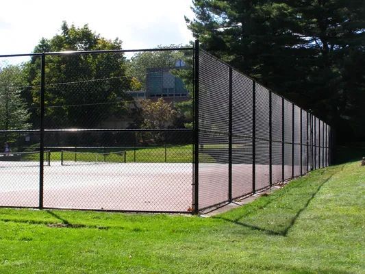 Tennis court enclosed by a black chain-link fence on a grassy lawn.