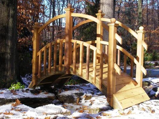 Wooden arched bridge over a snowy stream, surrounded by trees.