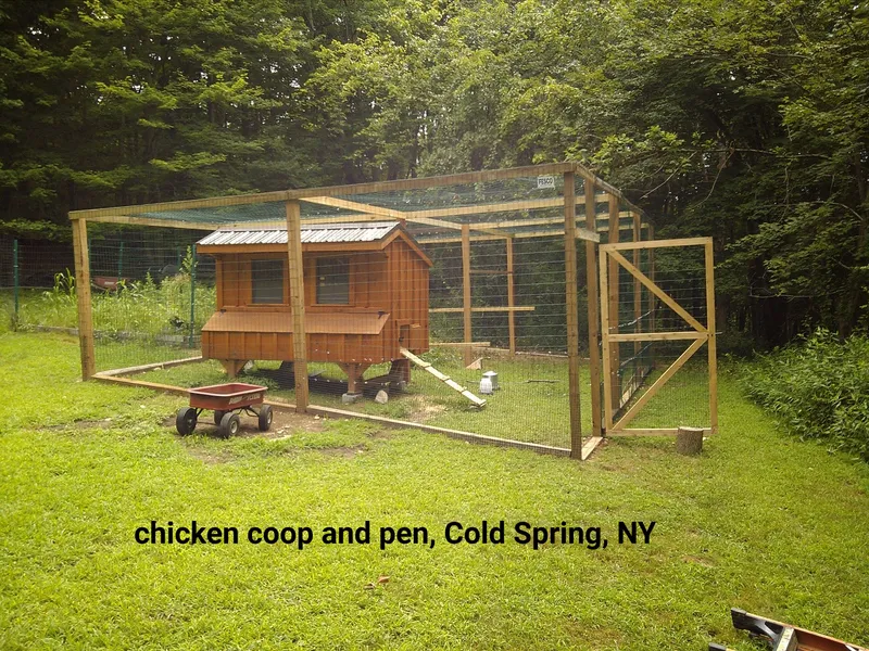 Chicken coop and pen in Cold Spring, NY. Brown wooden coop within a wire and wood fenced enclosure in a grassy yard.