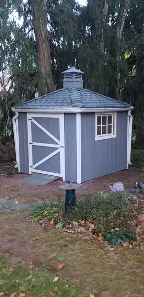 Blue shed with white trim, door, and window. Roof is dark gray. Bird feeder in the yard.