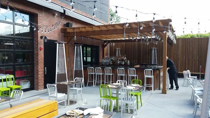 Outdoor bar patio with seating, overhead pergola, brick building, and heaters.
