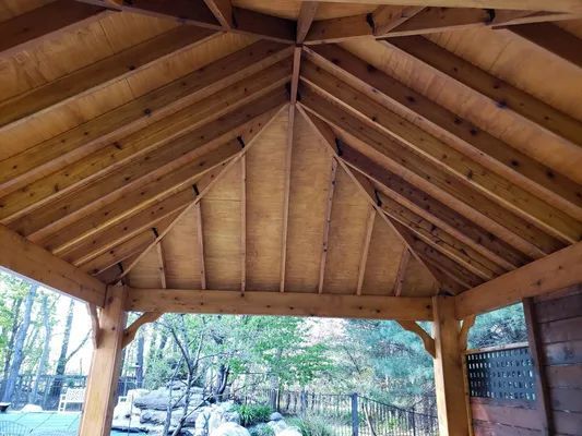 Wooden gazebo ceiling with rafters and a view of a tree-filled yard.