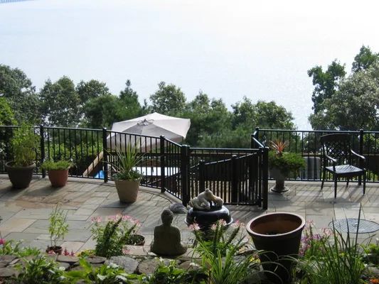 Patio with potted plants, black railing, and distant trees under a hazy sky.