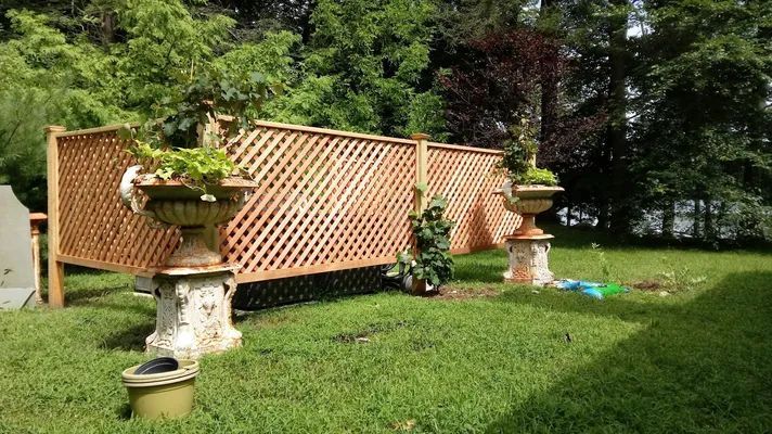 Lattice wooden fence with two decorative planters on stone pedestals in a grassy yard. Trees in the background.