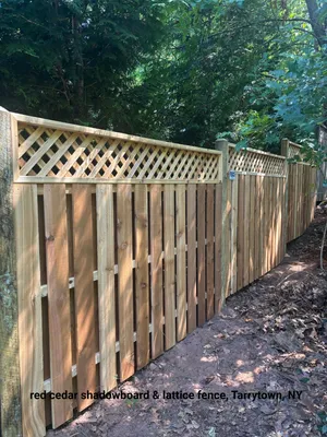 Red cedar shadowboard and lattice fence in Tarrytown, NY.