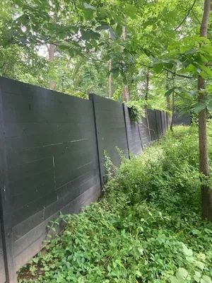 Black wooden fence in a forest setting, partially obscured by green foliage and trees.