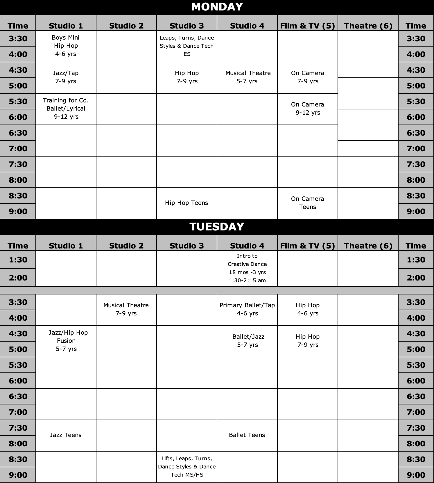 OPEN / REC CLASS STUDIO SCHEDULE