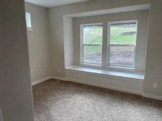Empty room with carpet and a window seat in a bay window overlooking a grassy area.