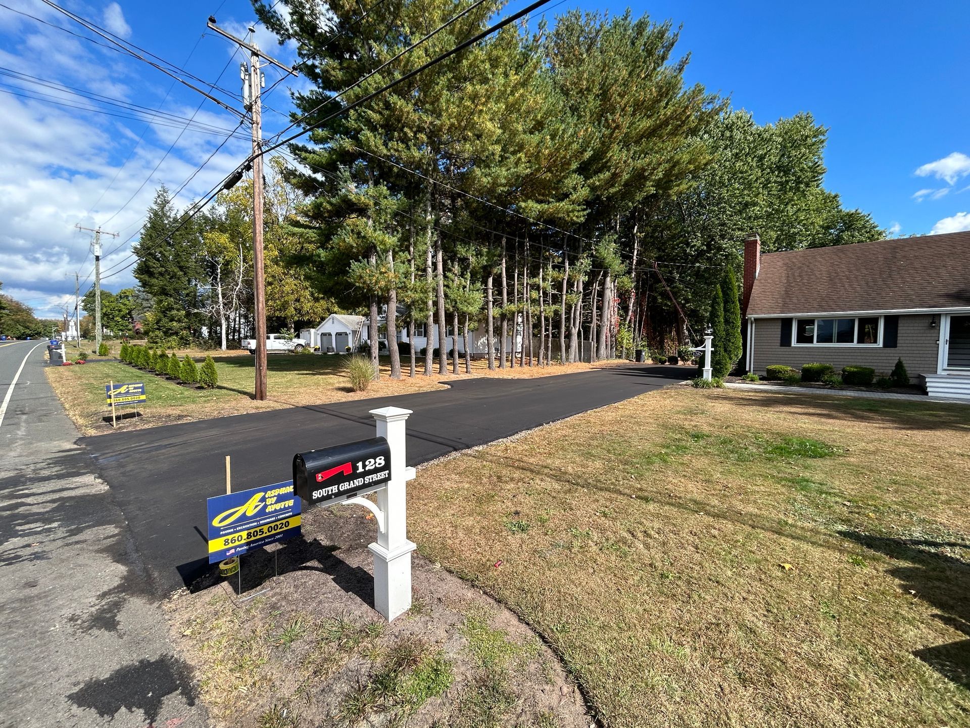 A newly paved black asphalt driveway leads to a house behind a line of pine trees on a sunny, blue-sky day.