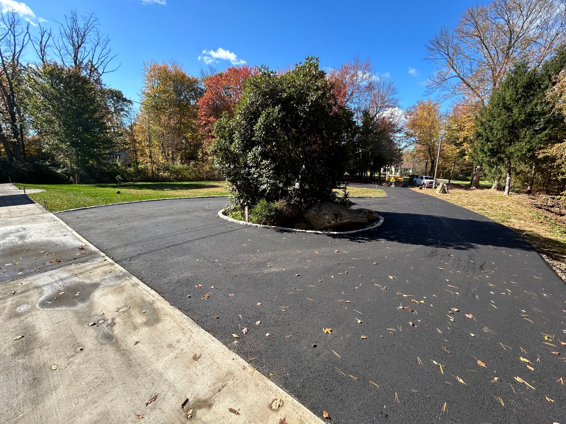 A driveway with fresh black asphalt split by a central garden bed containing a large evergreen tree and a boulder.