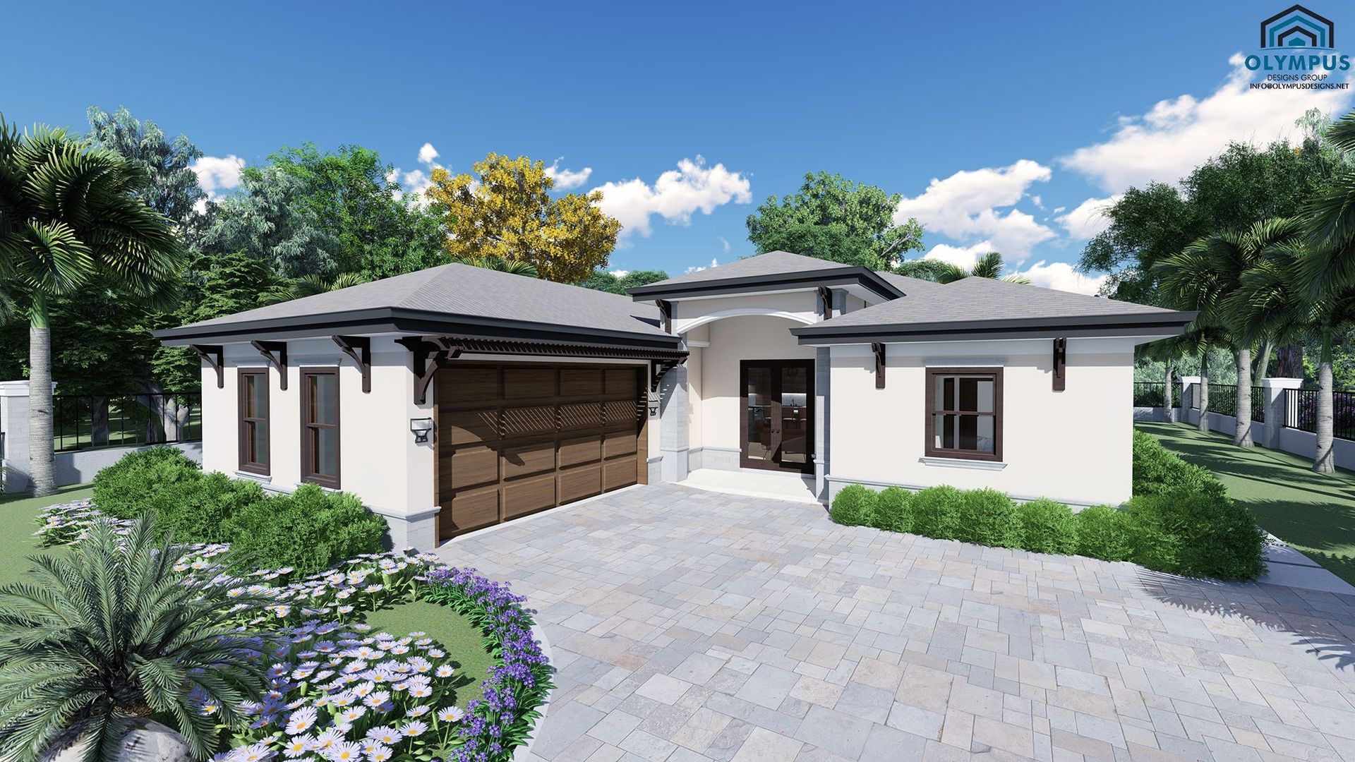 A white house with a brown garage door is surrounded by trees and bushes.