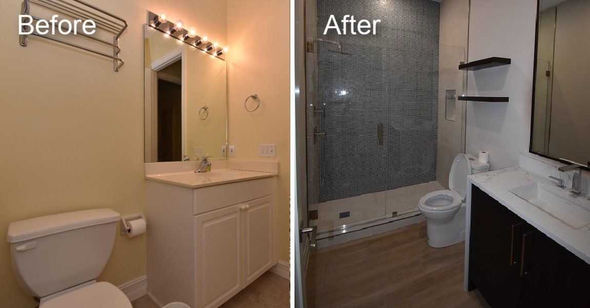 A before and after photo of a bathroom with a toilet, sink and shower.