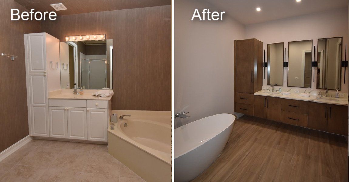 A before and after photo of a bathroom with a bathtub.
