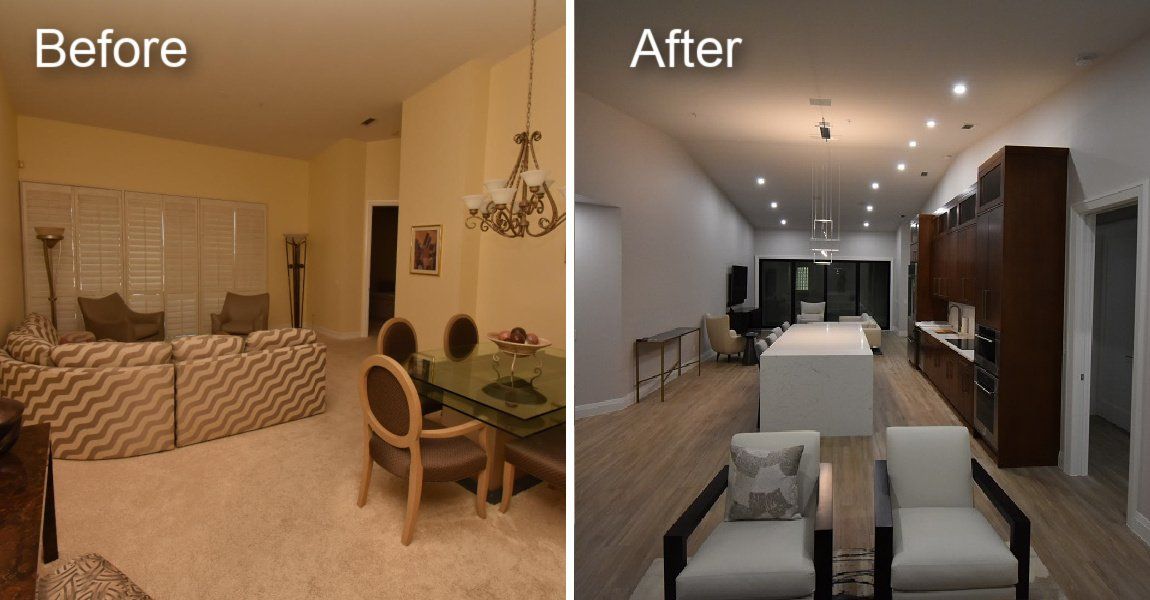 A before and after photo of a living room and dining room
