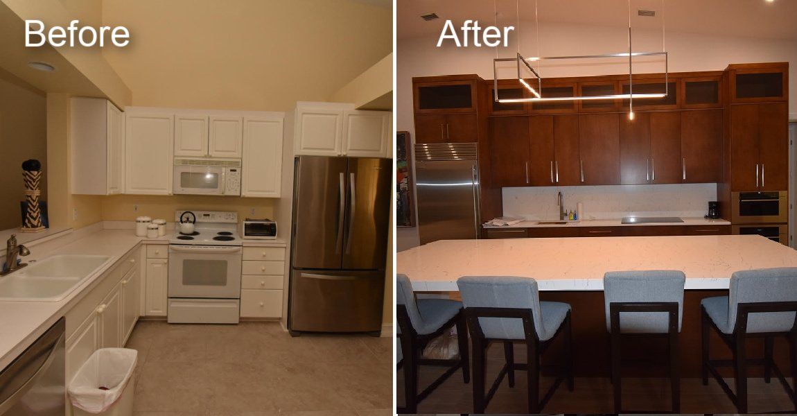 A before and after photo of a kitchen