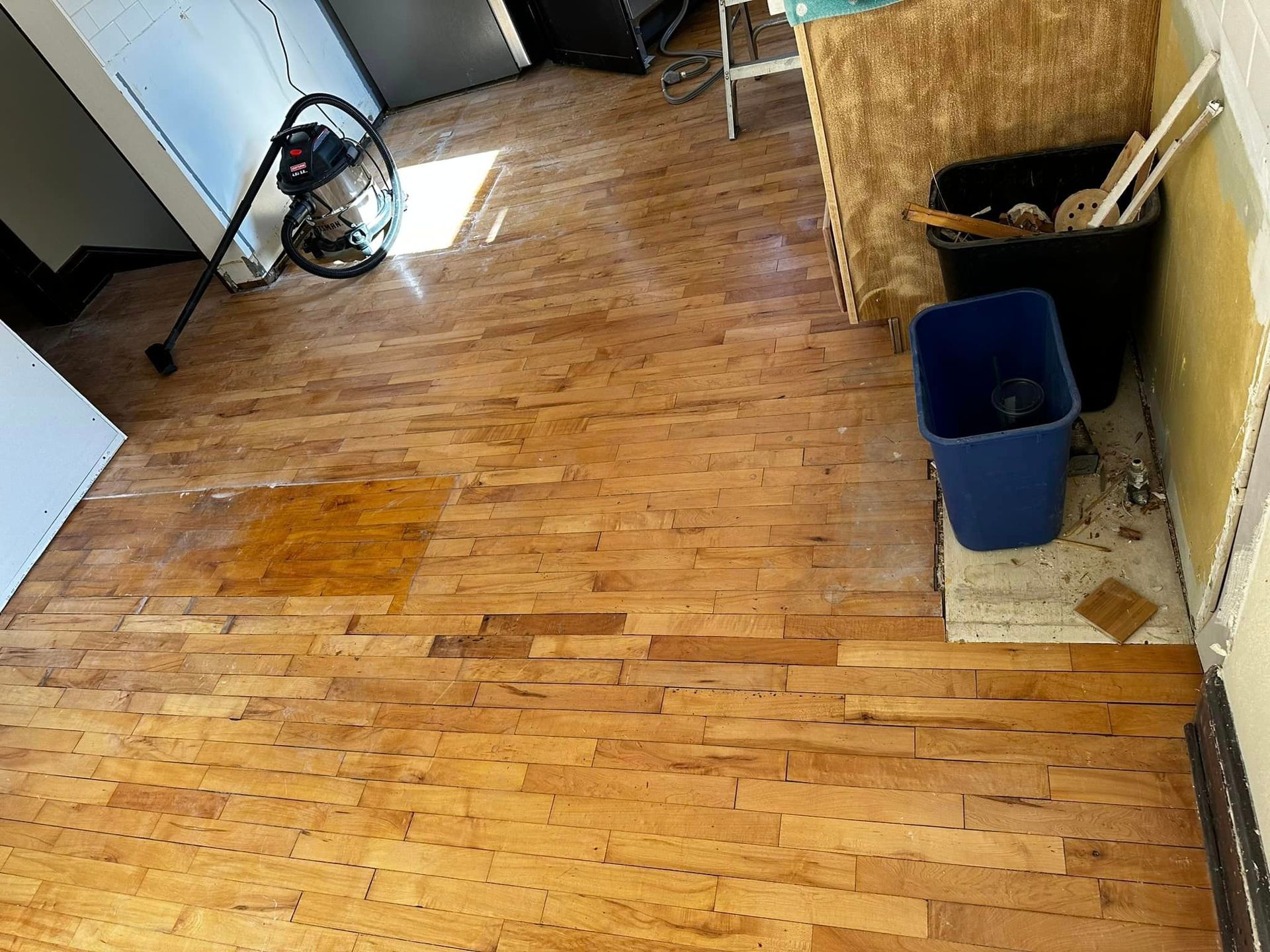 A vacuum cleaner is sitting on a wooden floor in a room.