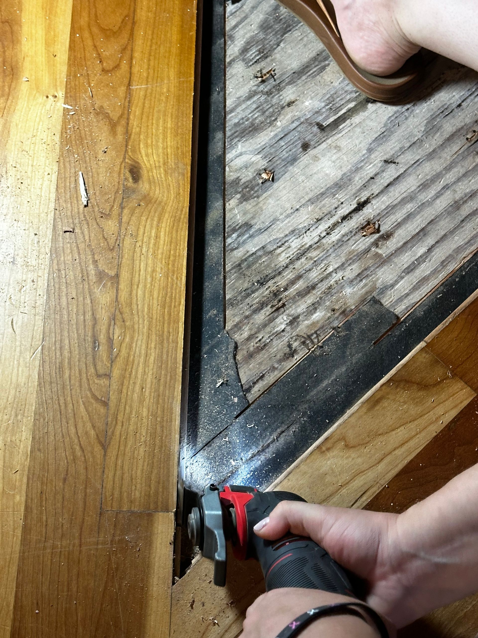 A person is using a multi tool on a wooden floor.