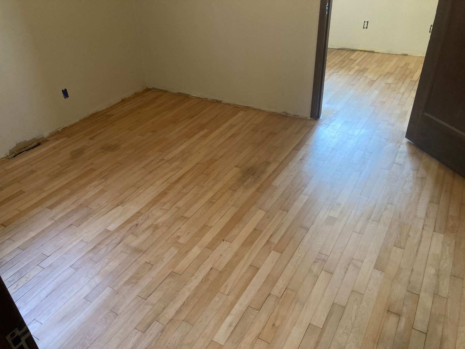An empty room with a wooden floor and a door