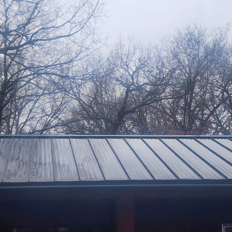 A metal roof with trees in the background