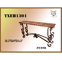 Rustic console table with wrought iron legs and a patterned tabletop; dimensions are shown.