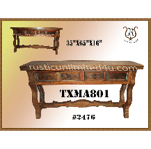 Rustic wooden console table with two drawers, ornately carved legs, and a brown finish.