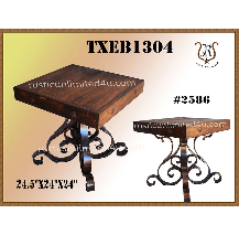 Rustic square end table with wrought iron base and dark wood top. Dimensions: 24.5 x 24 x 24.