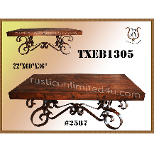 Two wooden tables with ornate metal scrollwork supports. Top table is smaller, centered above a larger table, both set against a beige background.