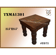 Square wooden side table with carved legs, dark brown color. Table labeled TXMA1301, measuring 23.5x23.5.