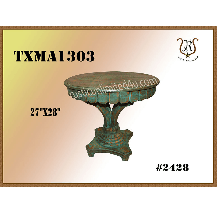 Antique-style round table with ornate pedestal base and a dark, weathered finish. Dimensions are 27 x 28.